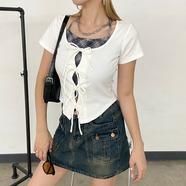 【2025新作】フロントリボンチェックアンサンブル風トップス　レイヤード　ホルターネック　夏服