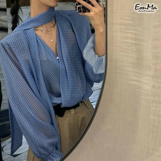 ドット柄シアーシャツ ブルー カシュクール風 セクシー 上品 春 夏 秋 EH3486【2025SS】