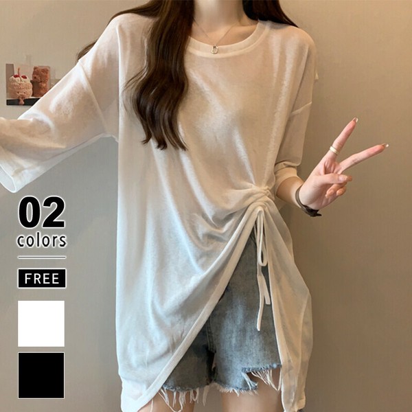 シアートップス ドロストギャザー シアーカットソー シアー トップス 夏トップス ドロスト カットソー