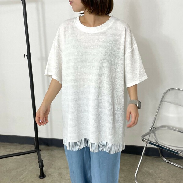 【2025新作】裾フリンジチュニック　半袖　プルオーバー　Tシャツ　ビッグT　無地　春　夏