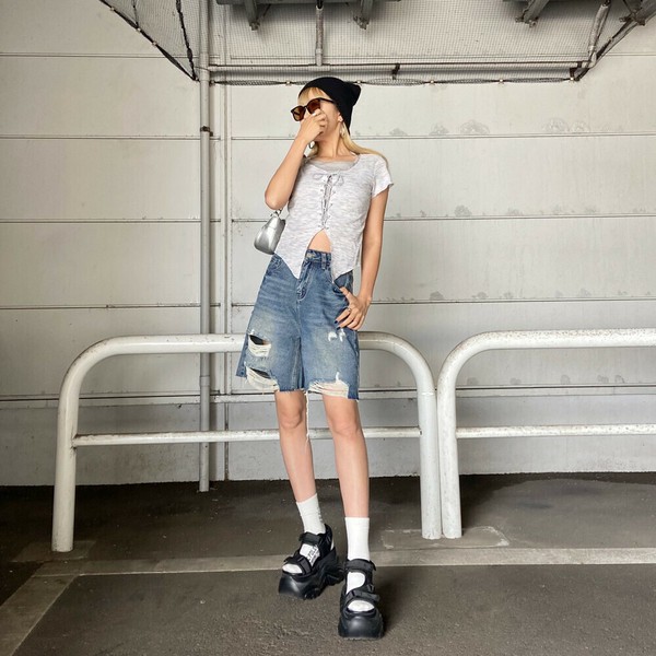【2025新作】MIXレースアップアンサンブル風トップス　スピンドル　レイヤードトップス　夏服