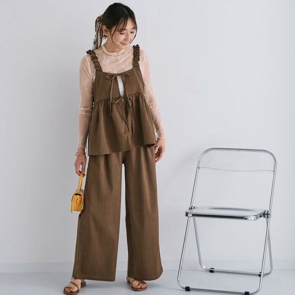 麻タッチ生地センターリボンキャミセットアップ　25141