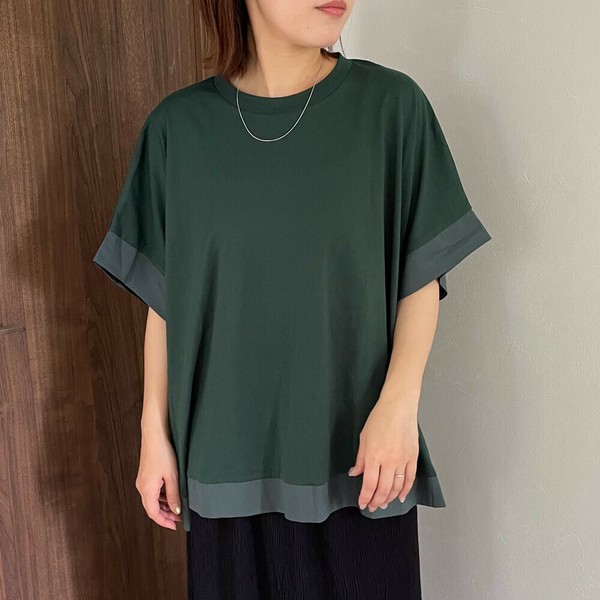 【2025新作】布帛トリミングプルオーバー　チュニック　ボーダー　半袖　ワイド　ゆったり　Tシャツ