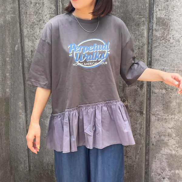 【2025新作】裾切替ロゴプルオーバー　半袖　異素材　フリル　チュニック　プリント　Tシャツ　夏