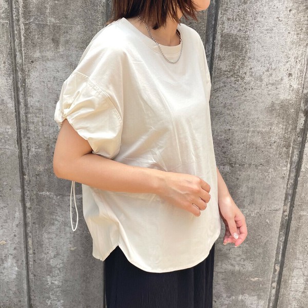 【2025新作】袖ドロストプルオーバー　半袖　Tシャツ　異素材　夏 　無地