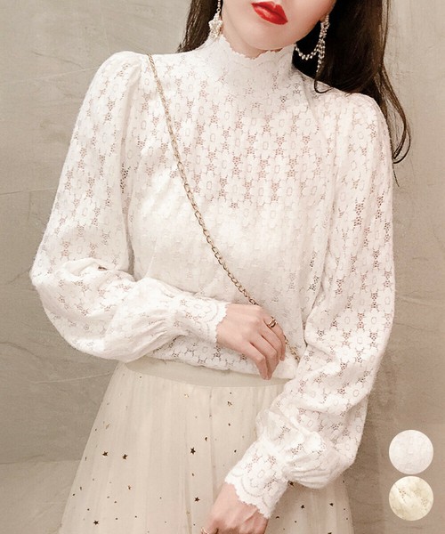 微起毛 ハイネックレースブラウス 春秋冬