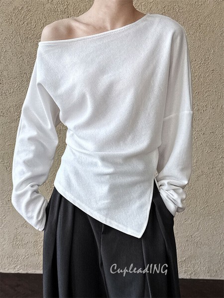 【2025新作】INSスタイル 2025春夏 一字カラー 斜肩ウェア ロングスリーブ 自然皺 側面スリット