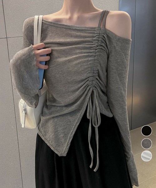 ワンオフショルダーTシャツギャザー 長袖