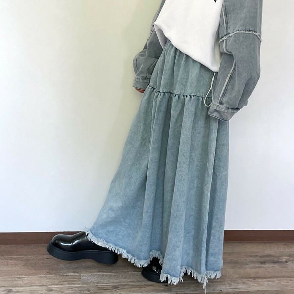 【2025新作】フリンジデニムティアードスカート　ロンスカ　オールシーズン　フレアスカート　無地