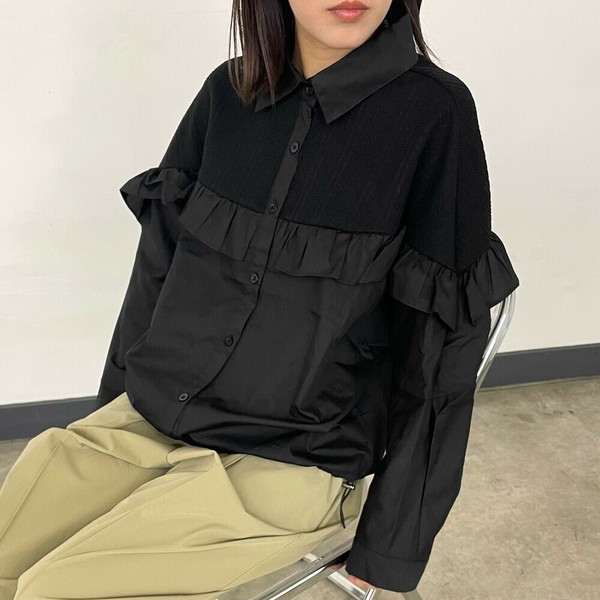 【2025新作】ケーブル切替フリルシャツ　ブラウス　異素材　デザイントップス　無地　秋服　冬服