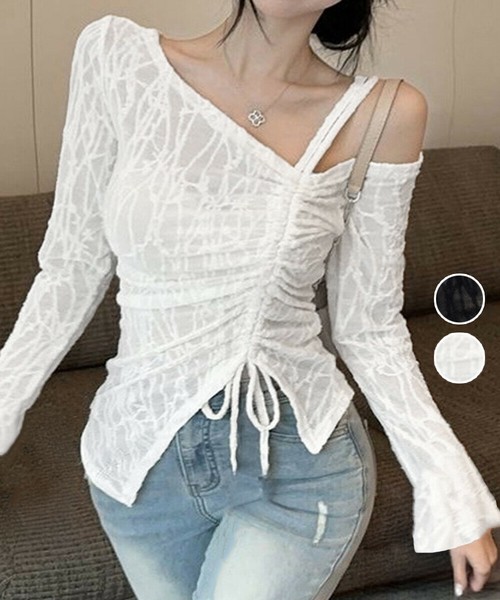 ワンオフショルダーレースTシャツギャザー