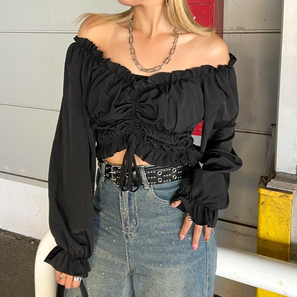 【2025新作】フロントドロストプルオーバー　オフショルダー　ギャザー　シャーリング　秋服