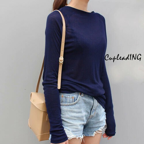 ＜SALE＞激安セール 大人っっぽい透け丸首Tシャツ スリムライン ロングスリーブ 仕事着に