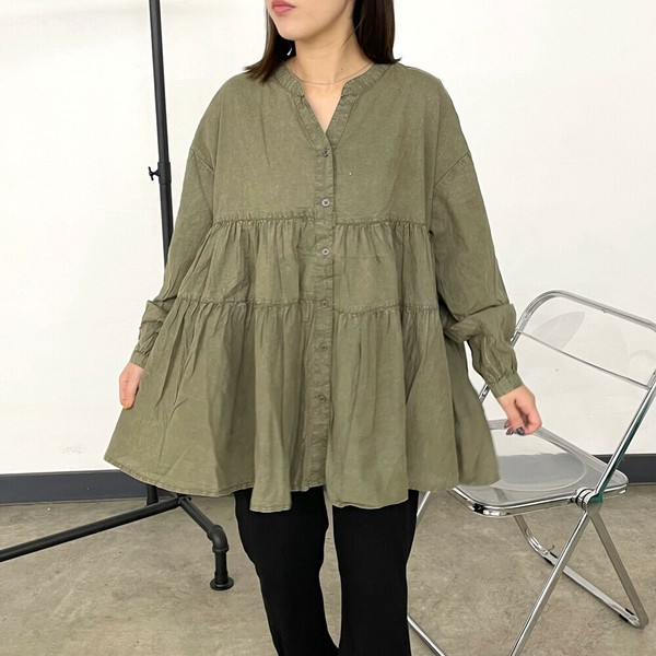 【2025新作】硫化染めティアードブラウス　秋服　ゆったり　チュニック　体型カバー　デザイントップス