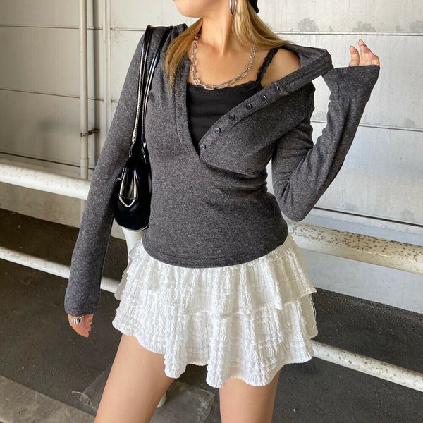 【2025新作】ヘンリータンクアンサンブル風フードトップス　レースキャミ　リブトップス　秋服　冬服