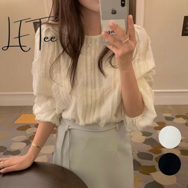 フリル織柄ブラウス/ボリューム袖/袖口ゴム