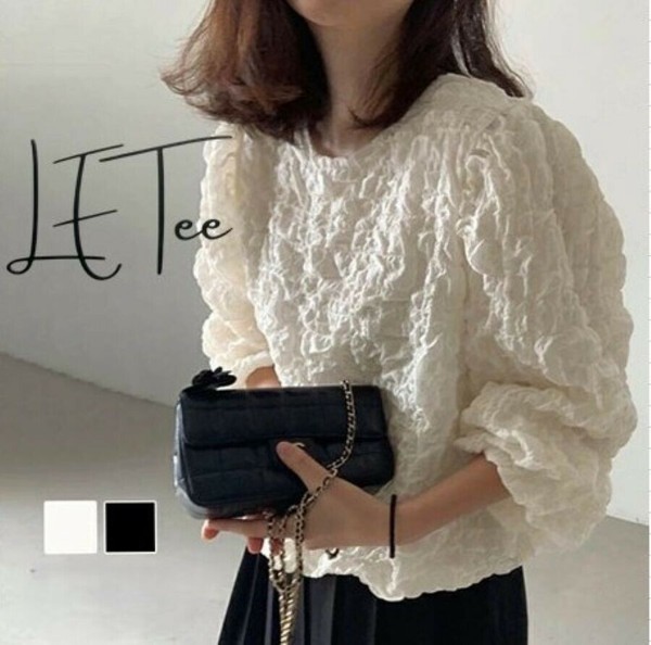 ワッフル風変わり織プルオーバーブラウス/袖口ゴム/ボリューム袖