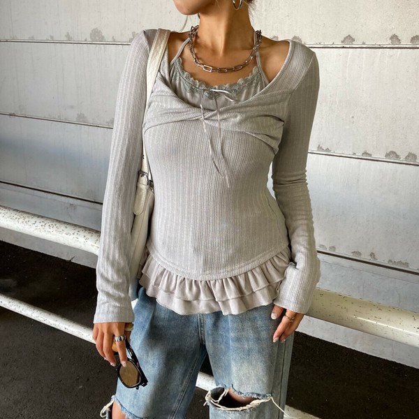 【2025新作】フロントカシュクールアンサンブル風トップス　レイヤードトップス　レースキャミ　秋服