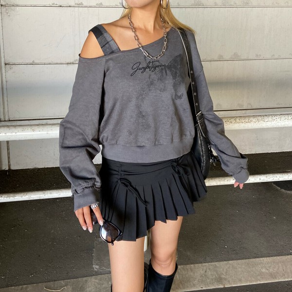 【2025新作】バタフライワンショルダートップス　ワンショル　蝶モチーフ　チェック　スウェット　秋服