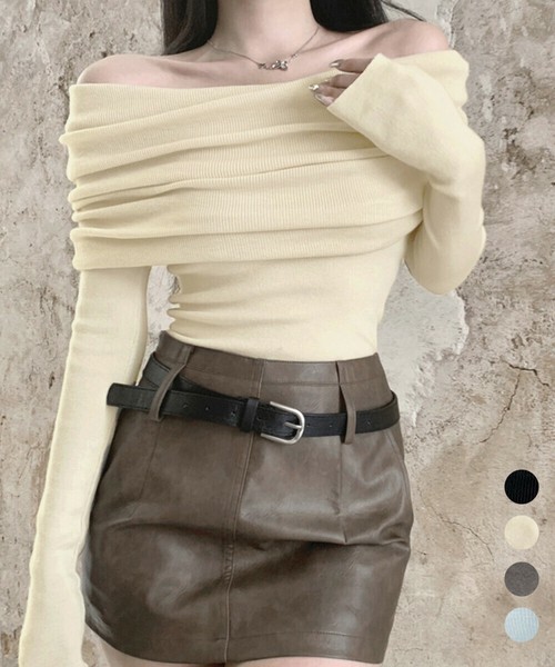 ワイドオフショルダーニットトップス肩出し