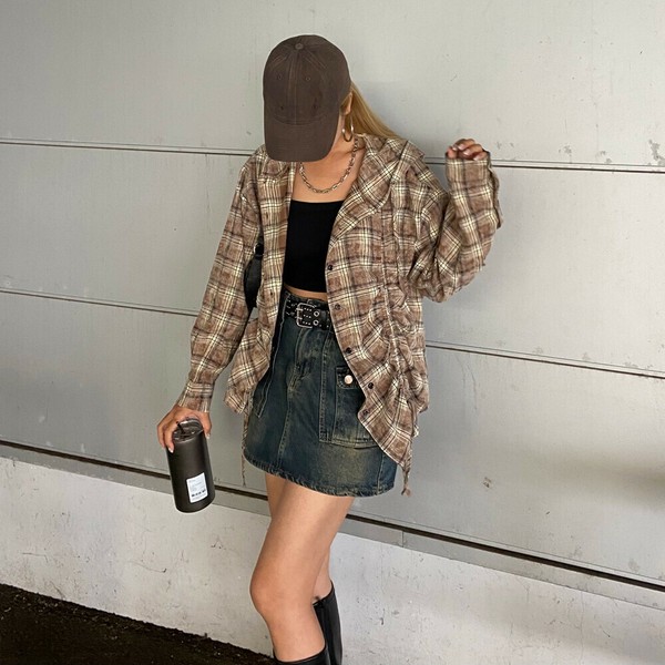 【2025新作】チェックフードドロストシャツ　チェックシャツ　ロングシャツ　ギャザー　秋服　羽織り