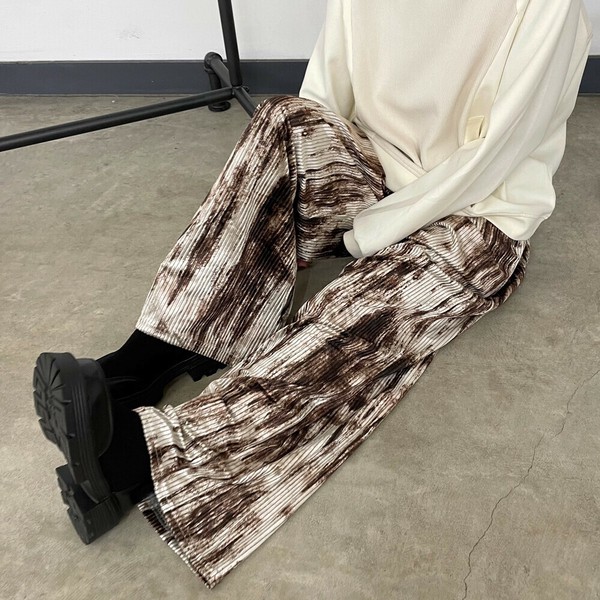 【2025新作】ベロア柄プリーツパンツ　イージー　ワイド　ニュアンス　ゆったり　秋　冬　ロング