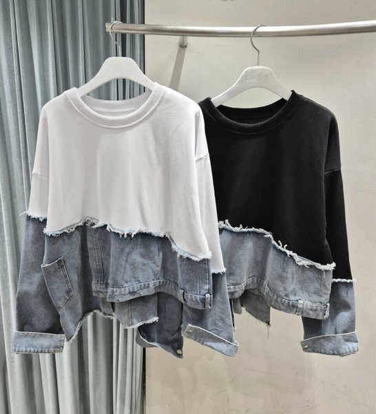 【2025秋冬新作】レイヤード風デニム切り替えスウェットトップス