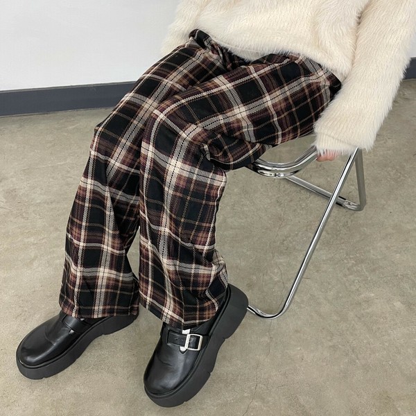 【2025新作】チェックワイドパンツ　ロング　イージー　秋　冬　ゆったり　柄　ウエストゴム
