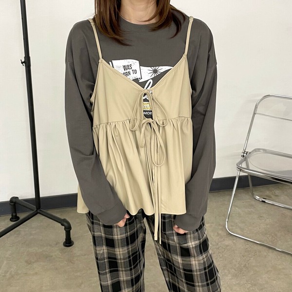 【2025新作】合成皮革キャミソール　ビスチェ　ベスト　フェイクレザー　秋　冬　リボン　ゆったり