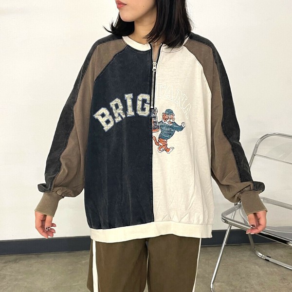 【2025新作】リメイク風ハーフZIPプルオーバー 長袖 デザイントップス ゆったり ワイド 秋服