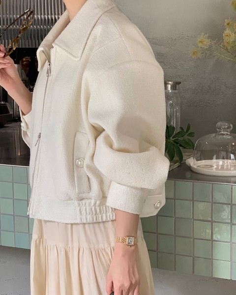 2color ツイード パールボタン ダブルジッパー ジャケット レディース ショート丈 きれいめ 清楚 大人女子