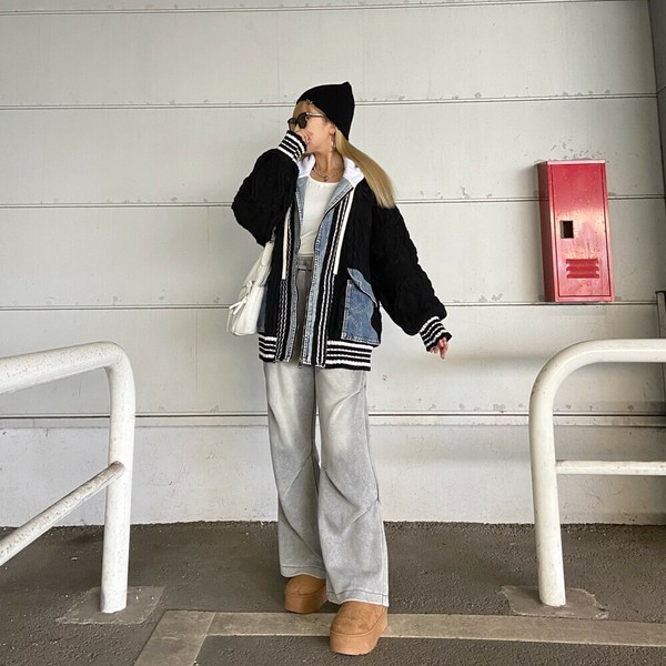 【2025新作】ケーブルニットデニム切替フード 異素材切替 ニットパーカー ニットカーデ 羽織り