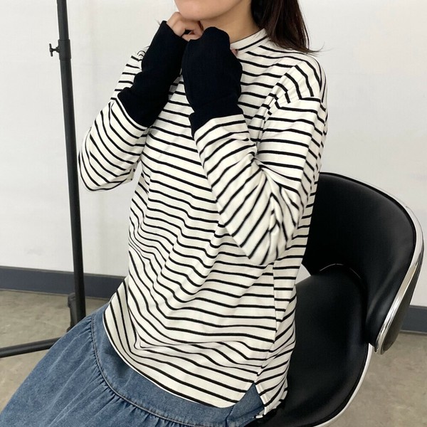 【2025新作】指ぬき袖切替ロンT　長袖　ボーダー　柄　ゆったり　ワイド　インナー　秋　冬