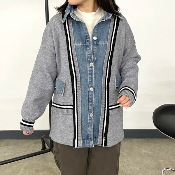 【2025新作】デニム切替ラインカーディガン　長袖　ゆったり　ワイド　ニット　異素材　人気デザイン