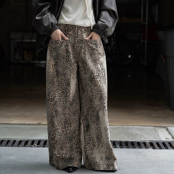 u29608 レトロ ファッション ヒョウ柄 ワイド デニム パンツ レディース 風 2025冬新作