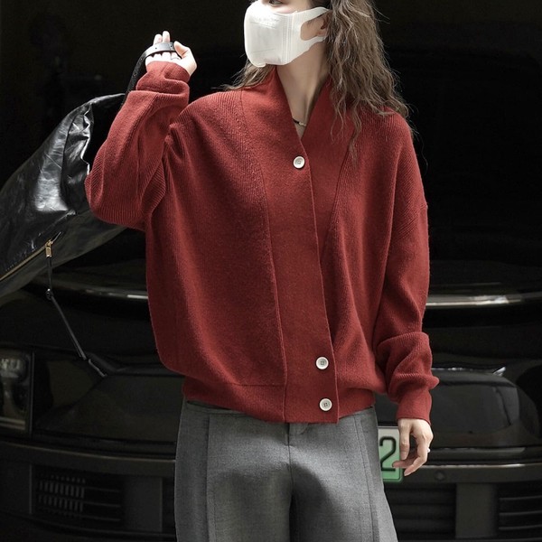 u29613 風 トレンド Vネック ウール ニット カーディガン ゆったり レディース 2025冬新作