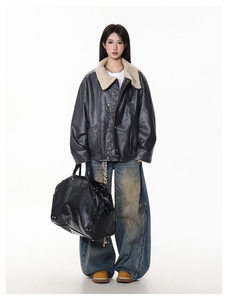 P23636アメリカン レトロ ジャケット PUレザー コート ユニセックス 2025冬新作