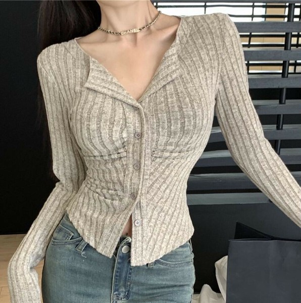 クルーネックカーディガン/折り返し衿/ジャストフィットトップス