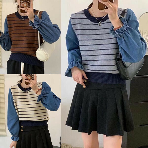 ボーダーニットxフリルデニム袖・カーディガン／セーター