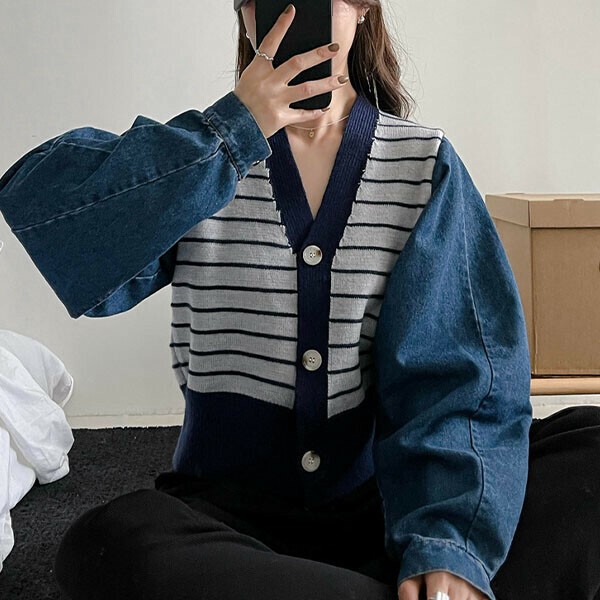 ボーダーニットxデニム・カーディガン／セーター【新作】