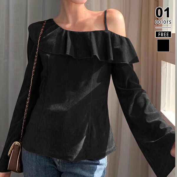 ワンショルフリルベロアトップス オフショルダー ベロアトップス ベロア トップス レディース フリル