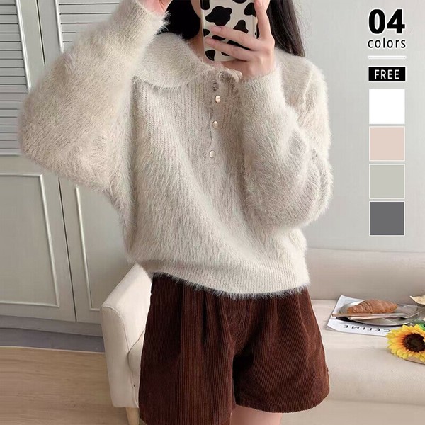 ふわふわシャギーポロニット シャギーニット ファッション シャギー ニット レディース 長袖 トップ