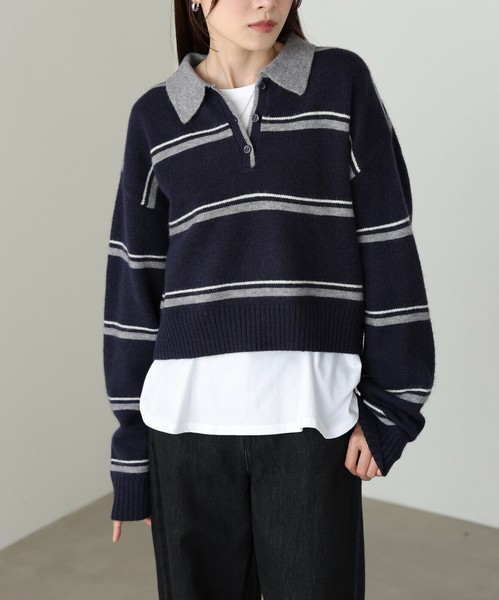 【2025秋冬新作】マルチボーダーポロニット◇柔らかな配色のボーダーが大人かわいい印象に