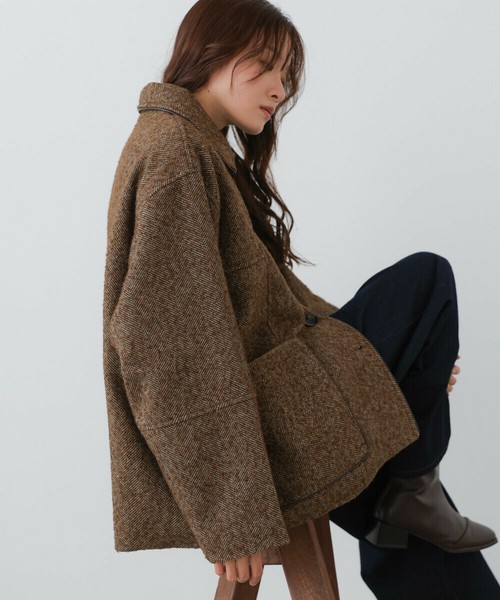 【2025秋冬新作】ヘリンボーンツイードカバーオールジャケット◇タオル地のような柔らかさを感じる素材感