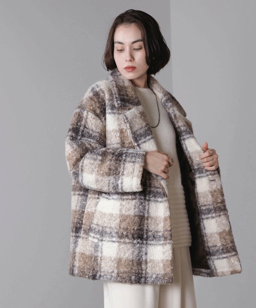 【2025秋冬新作】ブークレチェックコート◇もこもこブークレ素材が大人可愛いチェック柄コート