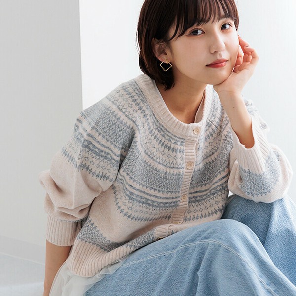 ニットカーディガン レディース トップス ノルディック柄ニットカーディガン クルーネック 長袖 25515