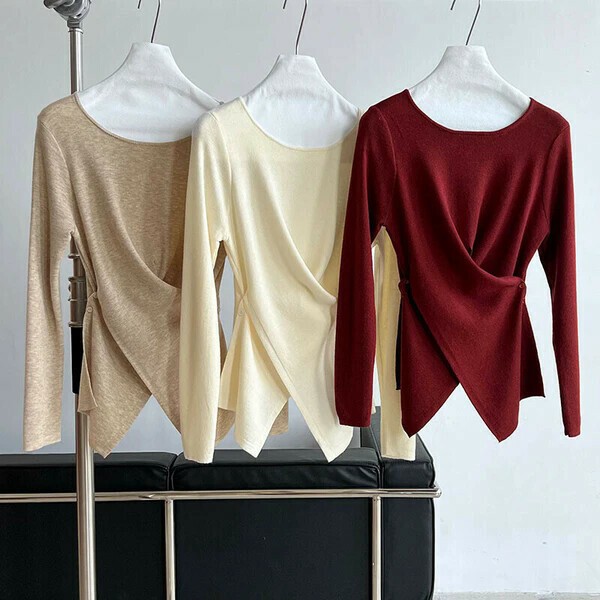 【新色追加】通勤する 丸首リブニット 腰元シェイプアップ 不規則裾 ロングスリーブアイテム