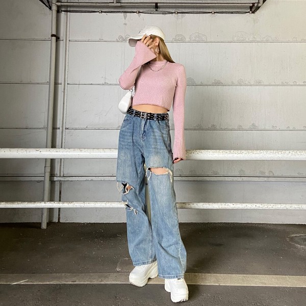 【2026新作】ラメ袖フレアニットトップス　ラメニット　ハイネック　リブニット　ショート丈　春ニット