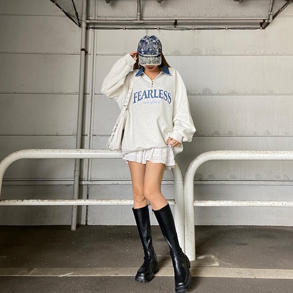 【2026新作】デニムロゴZIPチュニック　デニム切替　襟デニム　ハーフジップ　スウェット　春服