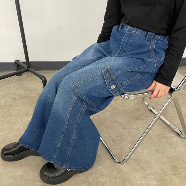 【2026新作】デニムカーゴパンツ　ワイド　ロング　オールシーズン　ゆったり　体型カバー　大人